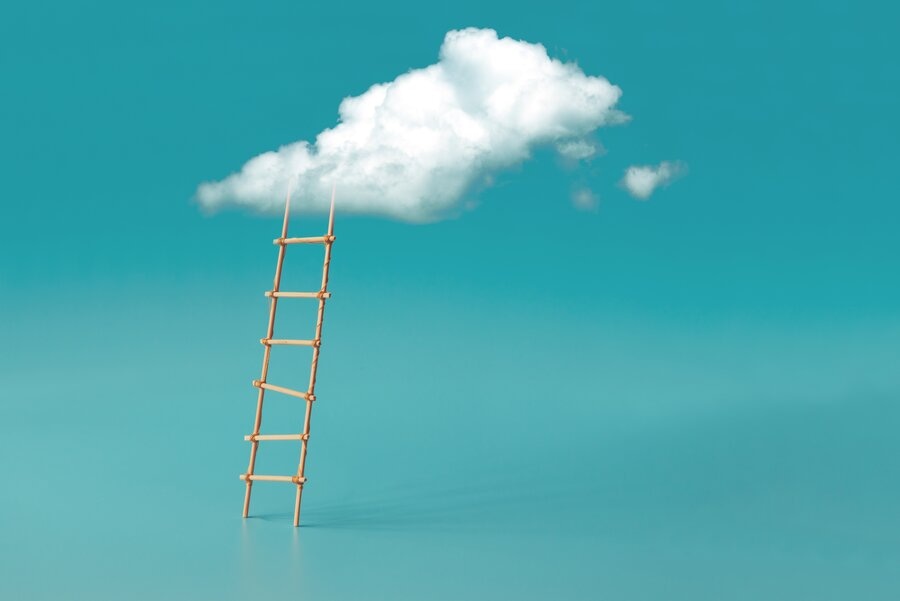 Stepladder reaching into a cloud, growth strategy concept