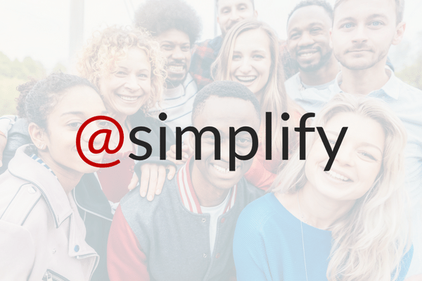 Simplify logo over an image of a diverse group of smiling people